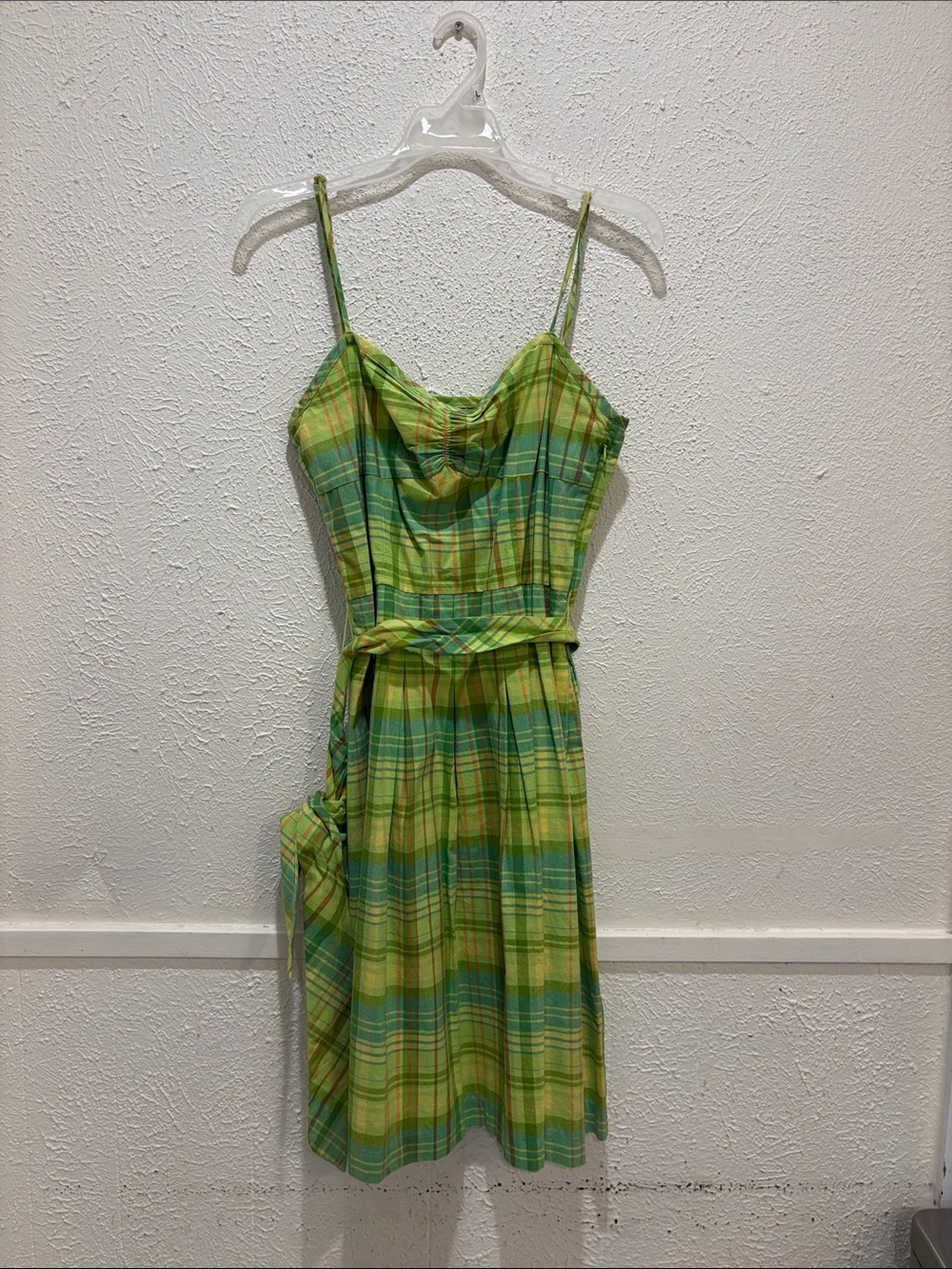 Green Plaid Spaghetti-Strap Mini Dress with Waist Tie